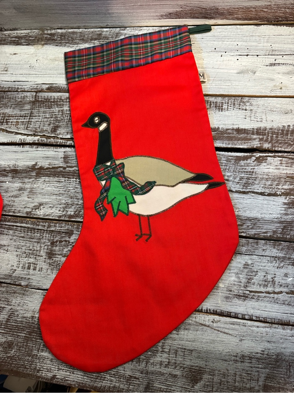 Source Unknown Red Holiday Goose Stocking with Plaid Cuff